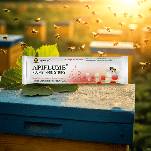 APIFLUME mite strips placed on beehive box with background view of an active apiary