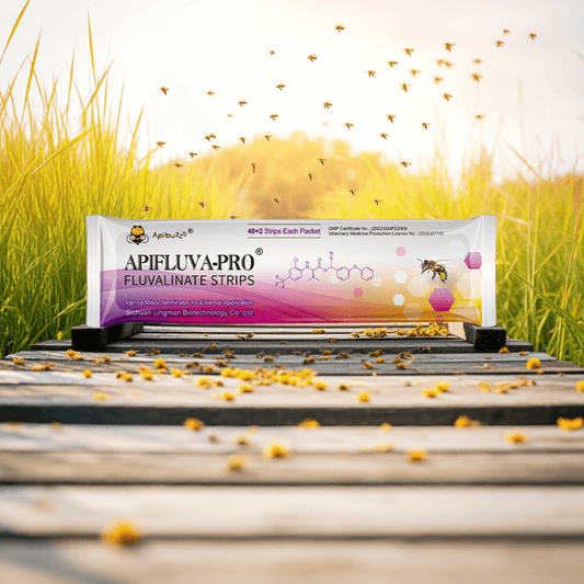 APIFLUVA-PRO strips with flying bee for hive mite control, similar to Manhao fluvalinate strip