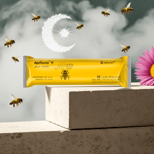 APIFLUVA 10-Pack fluvalinate beehive mite strips Arabic version surrounded by flying bees on a stone platform in an Arabian crescent mist background.
