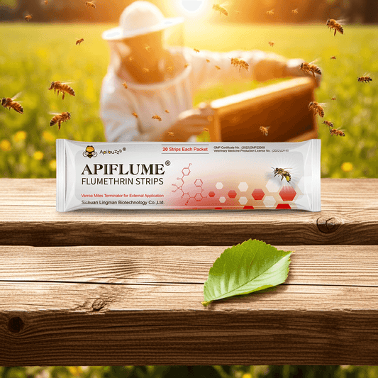 Beekeeper working with hive while APIFLUME varroa control strips rest on wooden surface