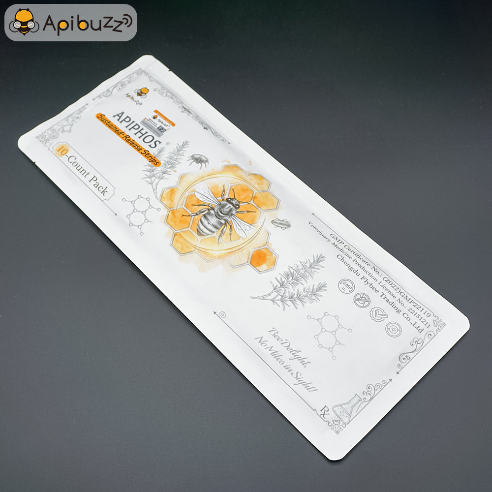 Close-up of Apiphos beekeeping hive mite strips packaging, with a function similar to checkmite