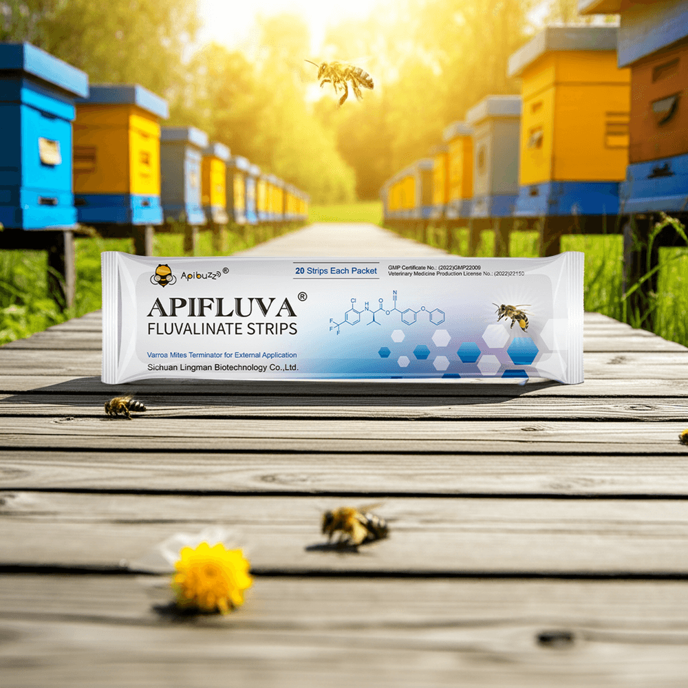 APIFLUVA varroa mite treatment strips are placed on a wooden pathway in an apiary view, protecting bee colonies
