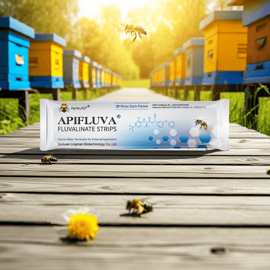 APIFLUVA varroa mite treatment strips are placed on a wooden pathway in an apiary view, protecting bee colonies