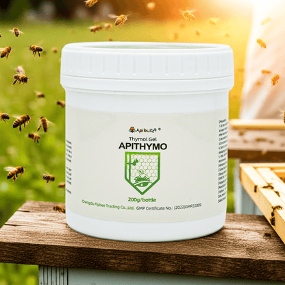 APITHYMO gel is placed on a wooden stand in an apiary - thymol bee mite treatment