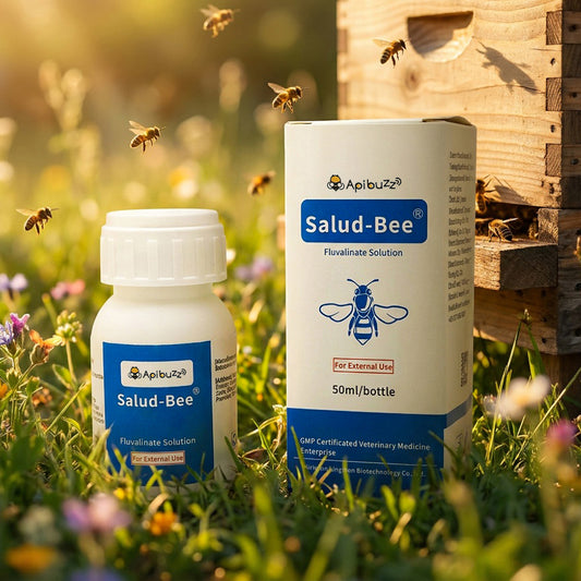 From a close-up perspective, salud-bee fluvlinate insecticide sits in the grass and wildflowers next to the beehive, basking in the warm morning light, full of life.