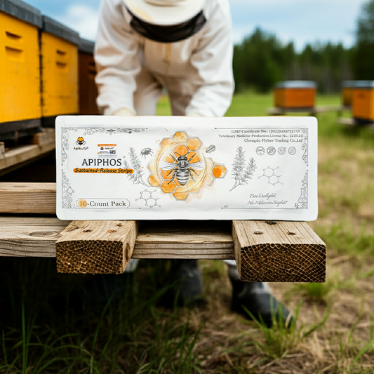 Apiphos slow-release coumaphos bee strips are placed on a wooden platform in an apiary