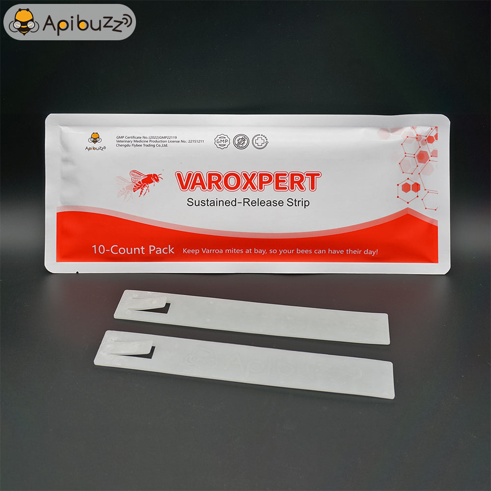 Full packaging of VAROXPERT slow-release amitraz varroa strips for bees, and individual strips are shown beside