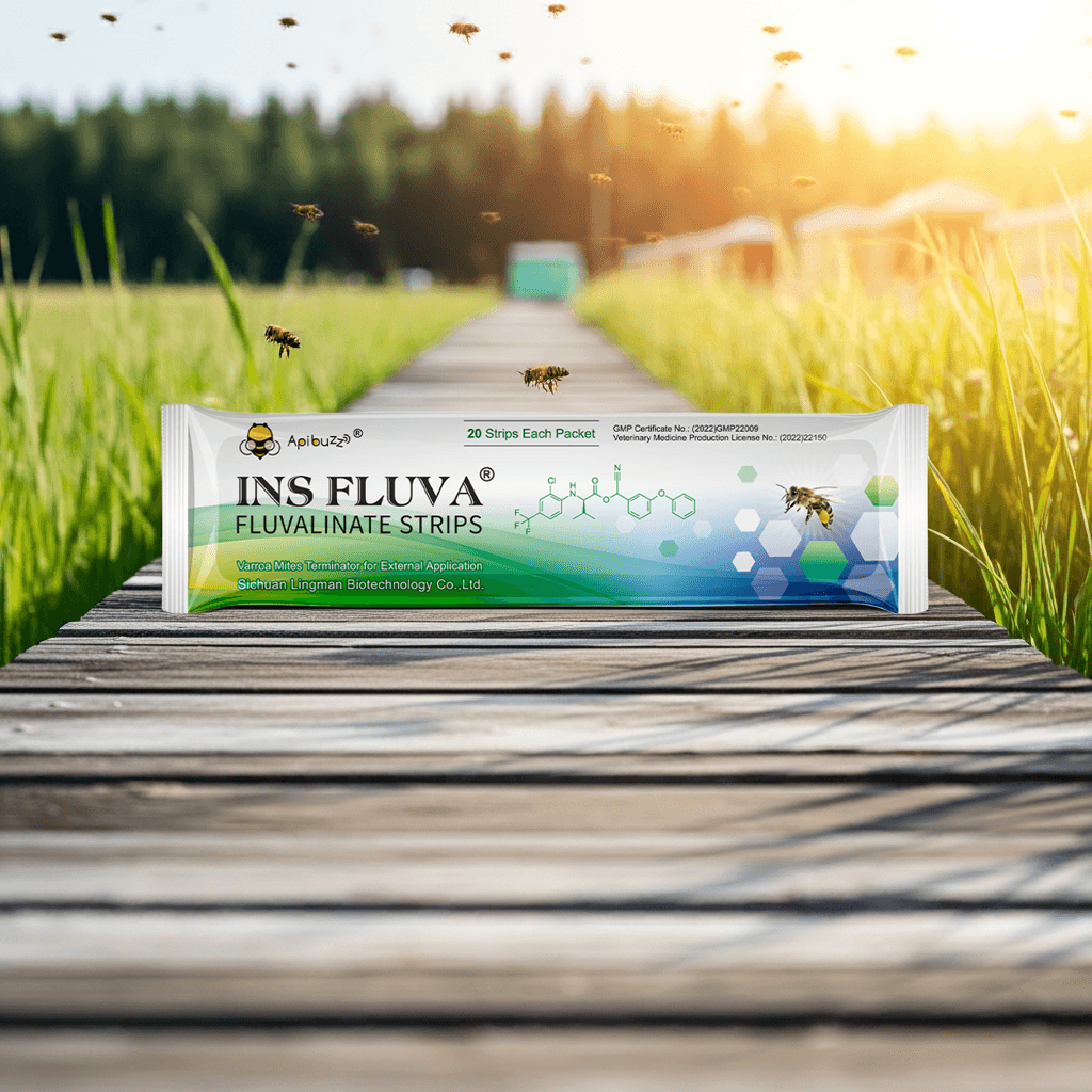 INS FLUVA mild mite strips for honey bees placed on a wooden pathway in an apiary  – practical hive treatment use