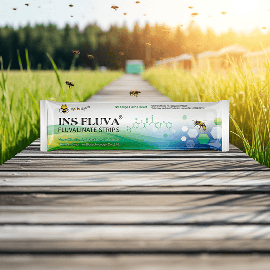 INS FLUVA mild mite strips for honey bees placed on a wooden pathway in an apiary  – practical hive treatment use