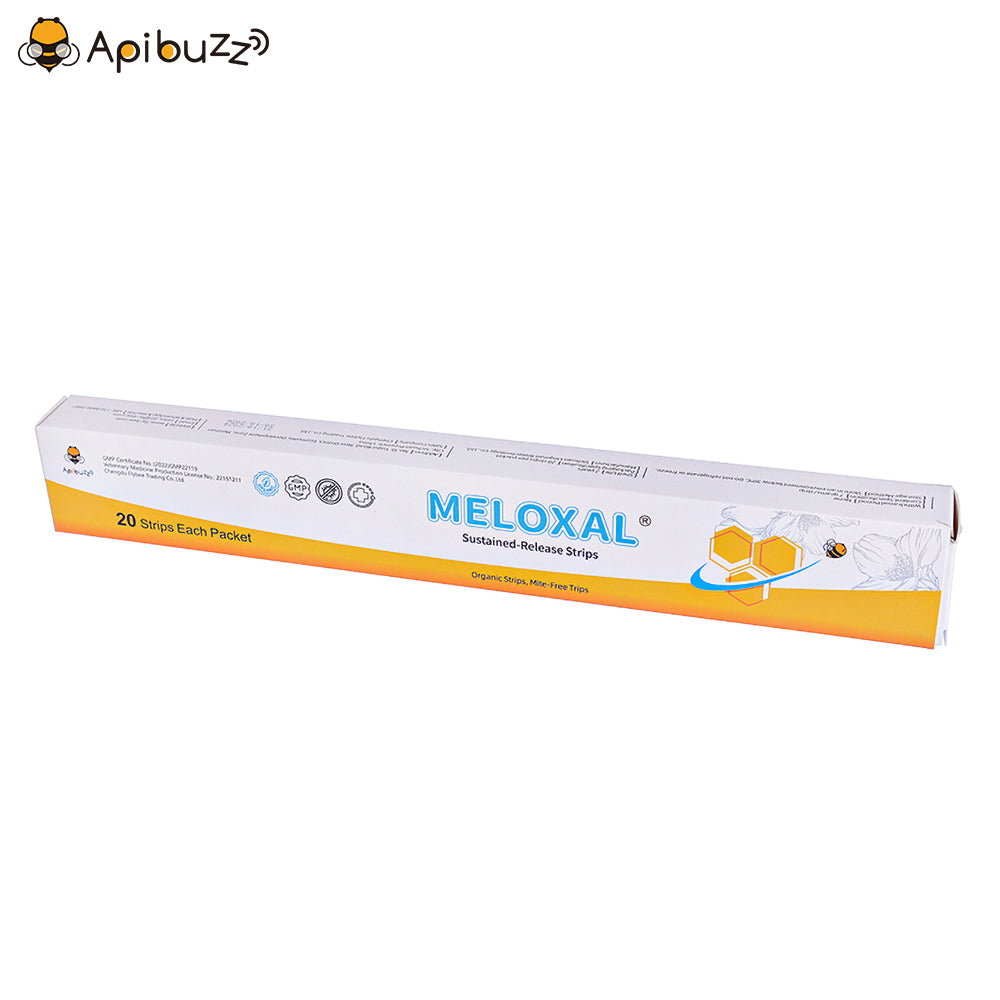Main view of Meloxal strips with box packaging, showing one of the oxalic acid for bees​