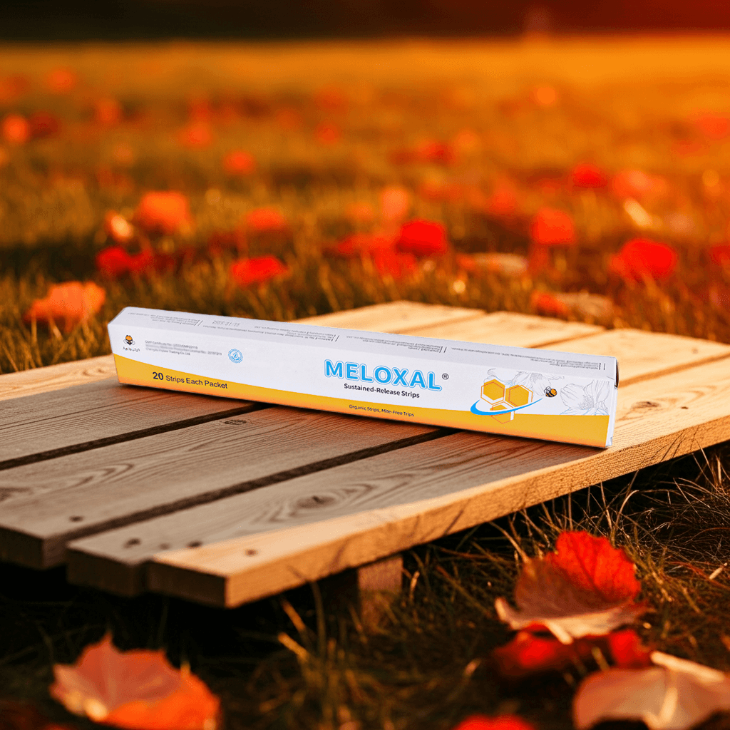 Meloxal strips are placed on a wooden stand in the grass, showing an alternative product when you consider Varroxsan oxalic acid strips where to buy​