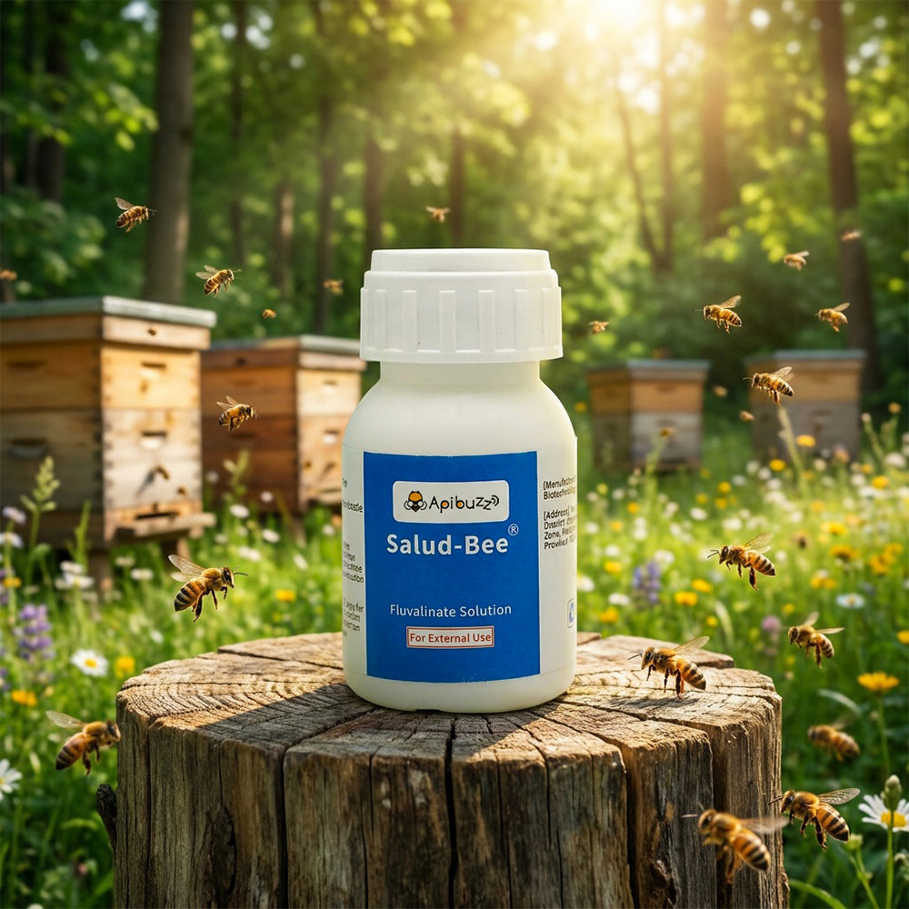 Salud-bee fluvalinate solution is displayed on natural wooden stumps, with lush ecological woods and blurred beehives in the background, highlighting a natural and eco-friendly tone.