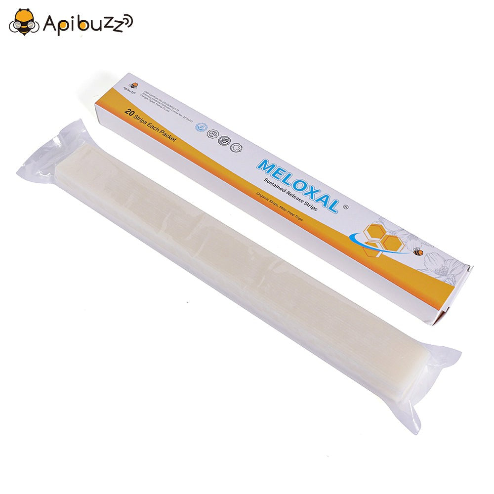 The inner and outer packaging of Meloxal bees oxalic acid strips are displayed together.