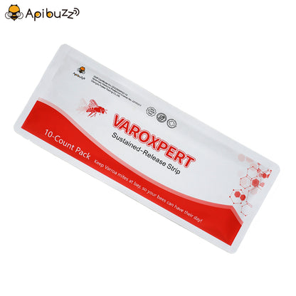 VAROXPERT slow-release amitraz varroa mite strips angled view on white background, similar to Apivar bee treatment
