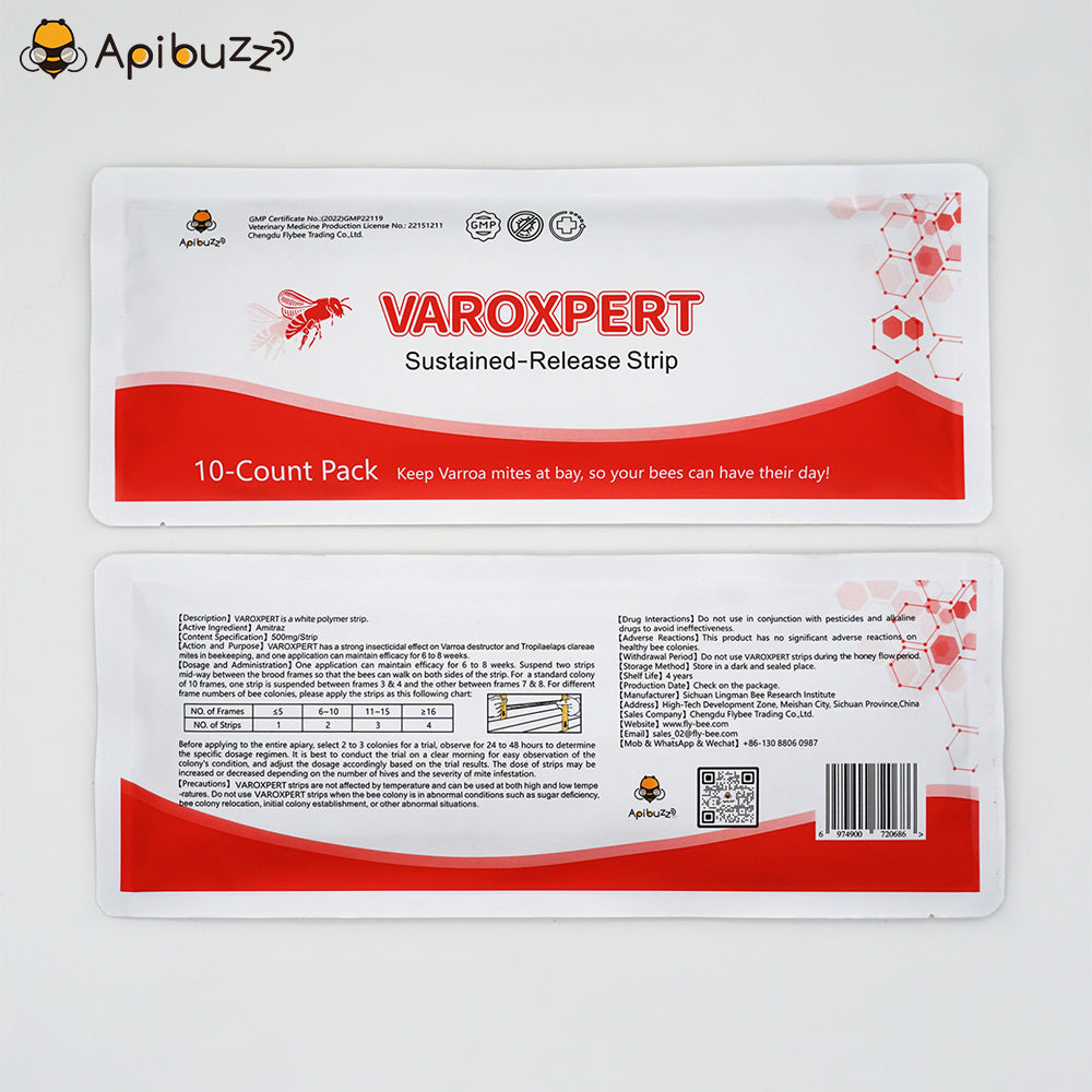 VAROXPERT slow-release amitraz varroa strips front and back view for beekeeping use