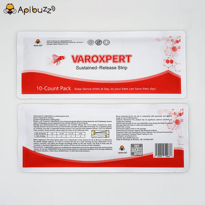 VAROXPERT slow-release amitraz varroa strips front and back view for beekeeping use