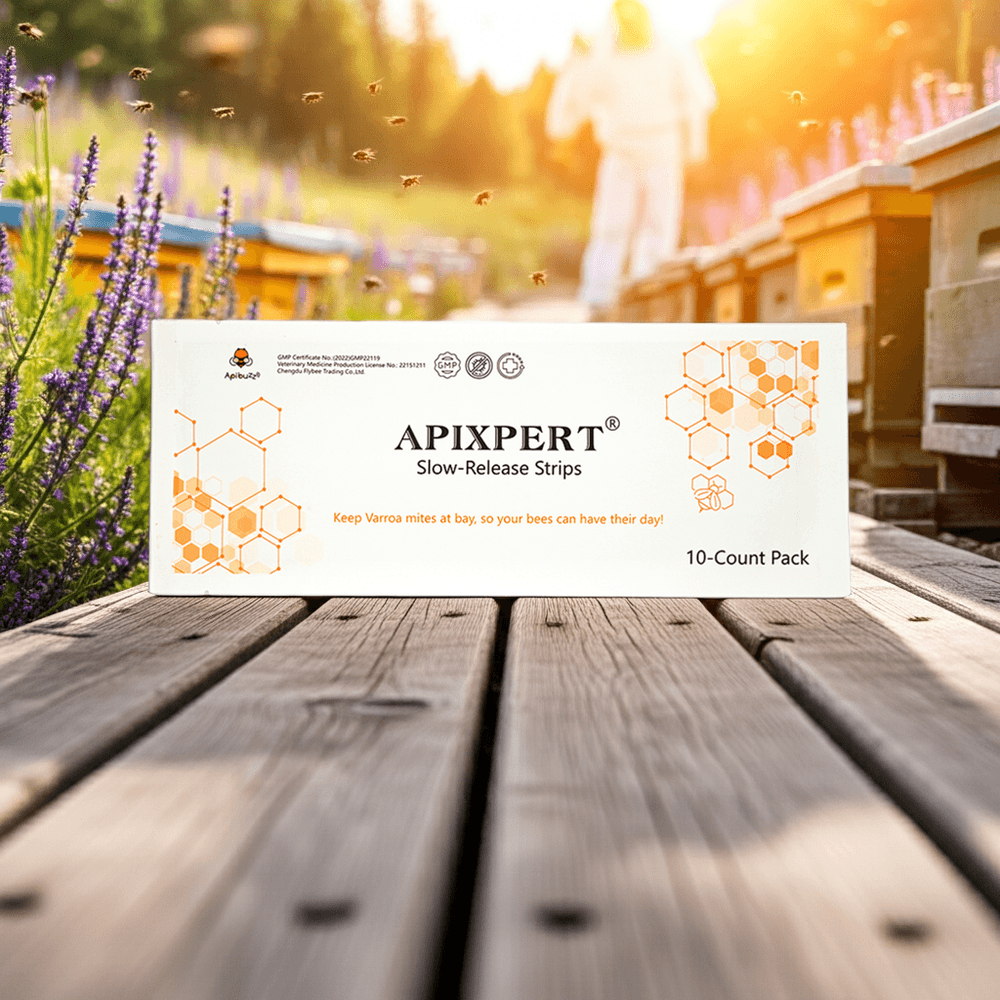 APIXPERT bee mite strips placed on the wooden passway near the beehive – flumethrin bee mite control in apiary setting