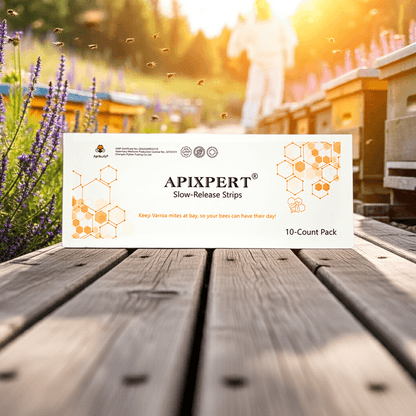 APIXPERT bee mite strips placed on the wooden passway near the beehive – flumethrin bee mite control in apiary setting