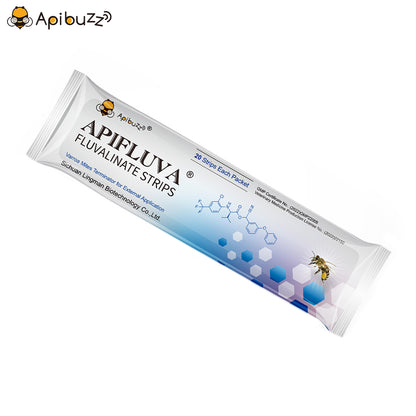 APIFLUVA bee mite treatment strips 20-unit pack angled view on white background – clear product display
