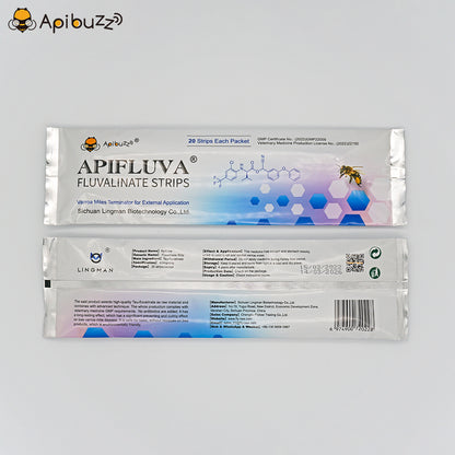 APIFLUVA fluvalinate varroa treatment strips 20-unit pack front and back view