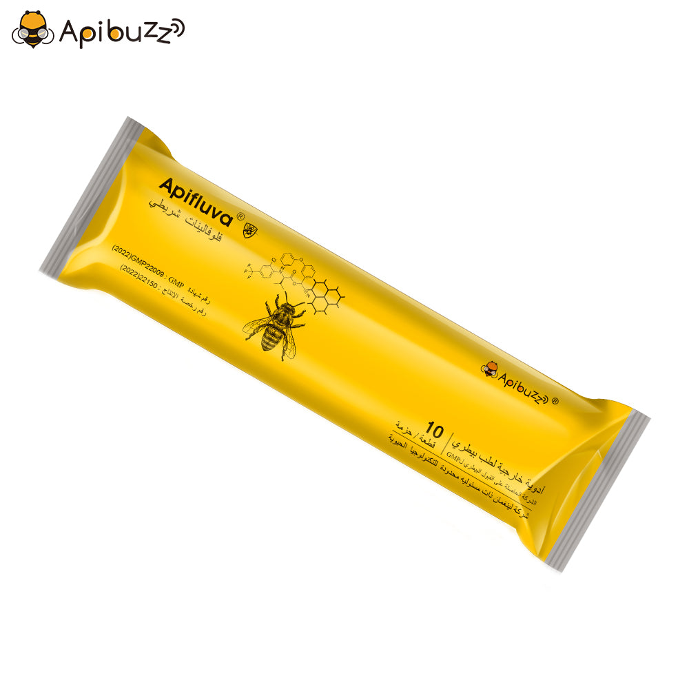 APIFLUVA fluvalinate varroa strips 10-pack Arabic version angled view – easy-to-use mite control solution
